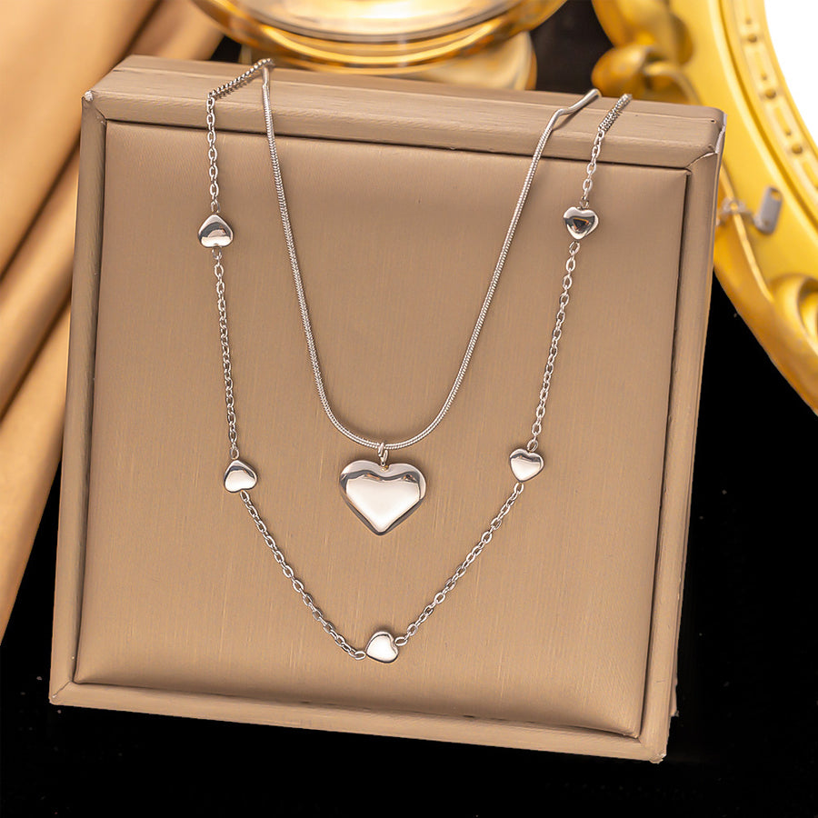Layered Heart Pendant Necklace - Gold Tone Jewelry for Women