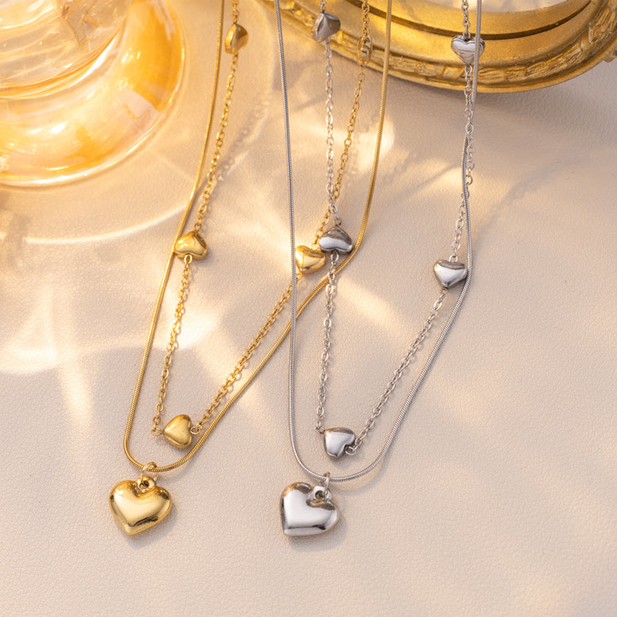 Layered Heart Pendant Necklace - Gold Tone Jewelry for Women