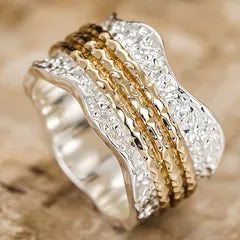 Vintage Hammered Two Tone Brass Statement Ring for Women