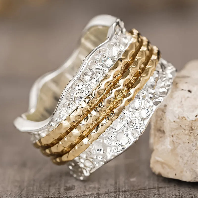 Vintage Hammered Two Tone Brass Statement Ring for Women