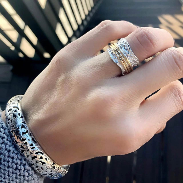 Vintage Hammered Two Tone Brass Statement Ring for Women