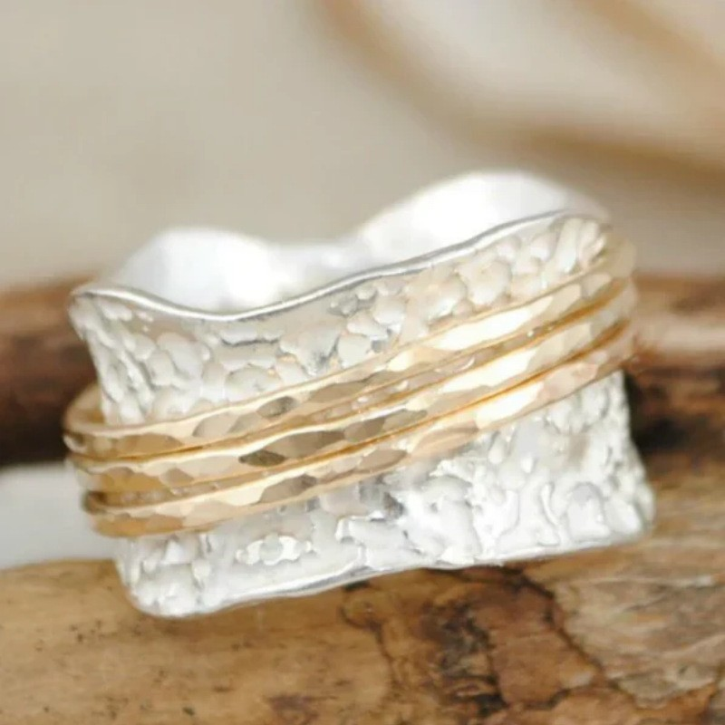Vintage Hammered Two Tone Brass Statement Ring for Women