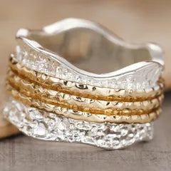 Vintage Hammered Two Tone Brass Statement Ring for Women