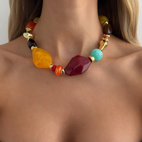 Multicolor Resin Beaded Necklace - Vintage Irregular Choker