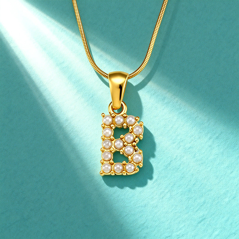 18K Gold Pearl 26-Letter Necklace for Women