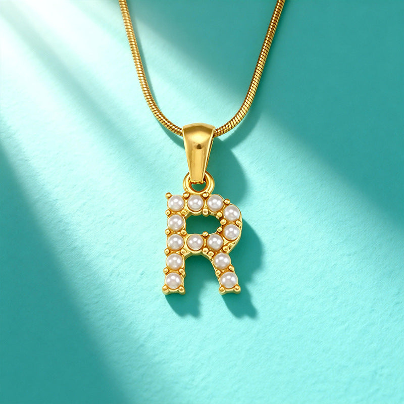 18K Gold Pearl 26-Letter Necklace for Women