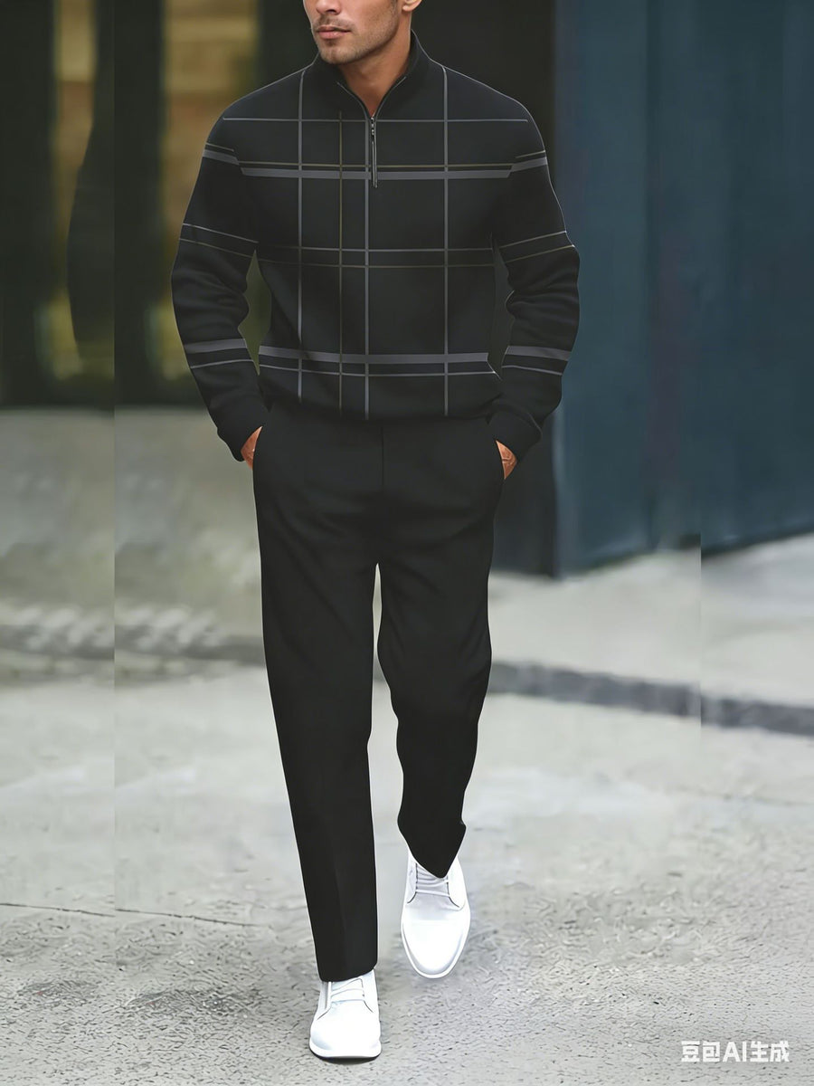 Printed Stand-Neck Zipper Casual Jacket And Pants Set