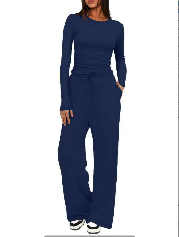 Solid-color Casual Long-sleeve Top & Wide Leg Pants Set