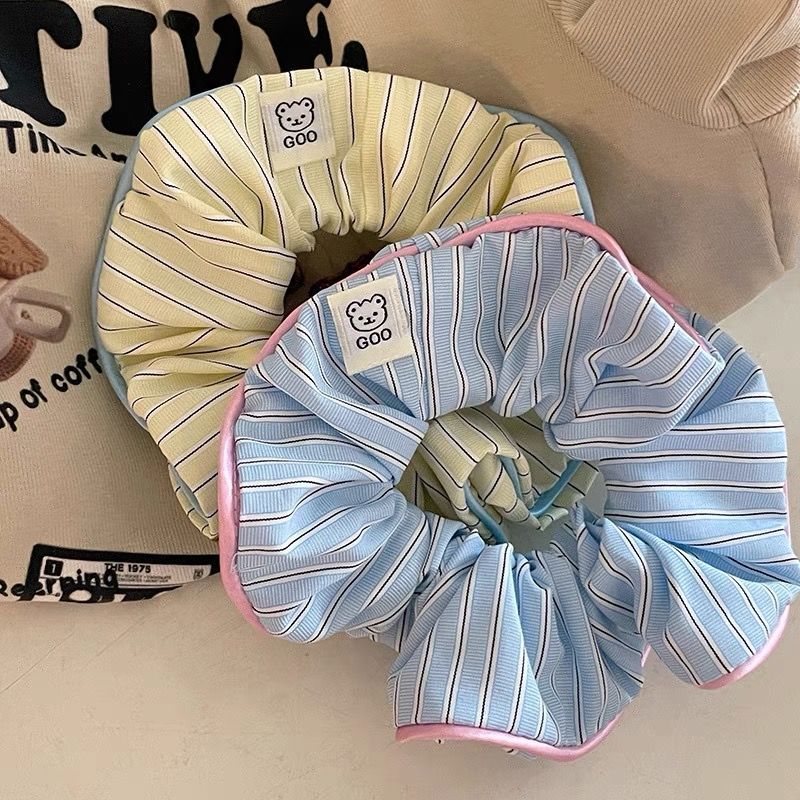 Cream Contrast-Striped Sustainable Scrunchie with Bear Design