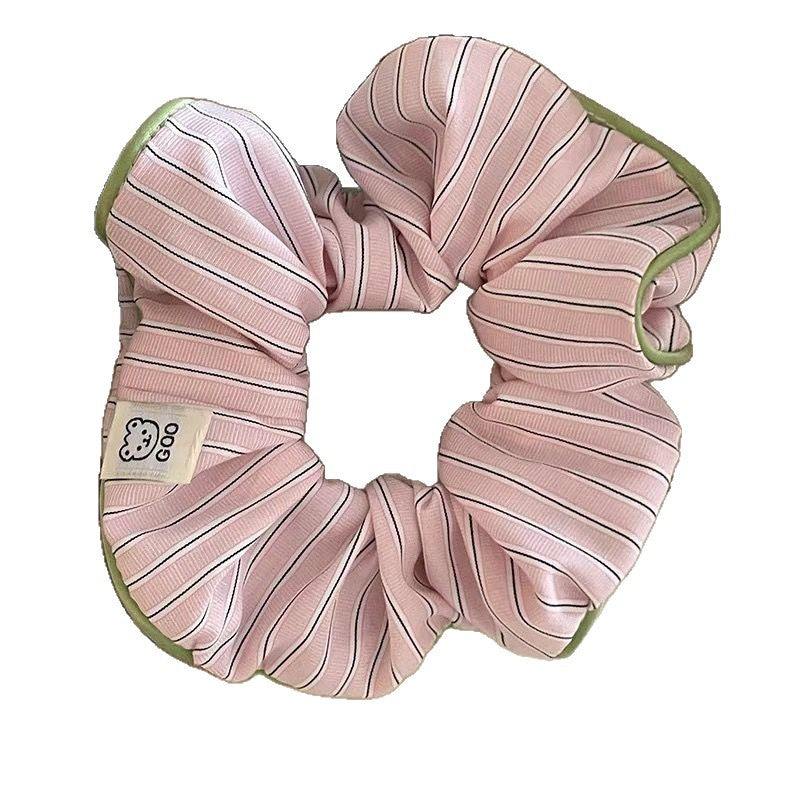 Cream Contrast-Striped Sustainable Scrunchie with Bear Design