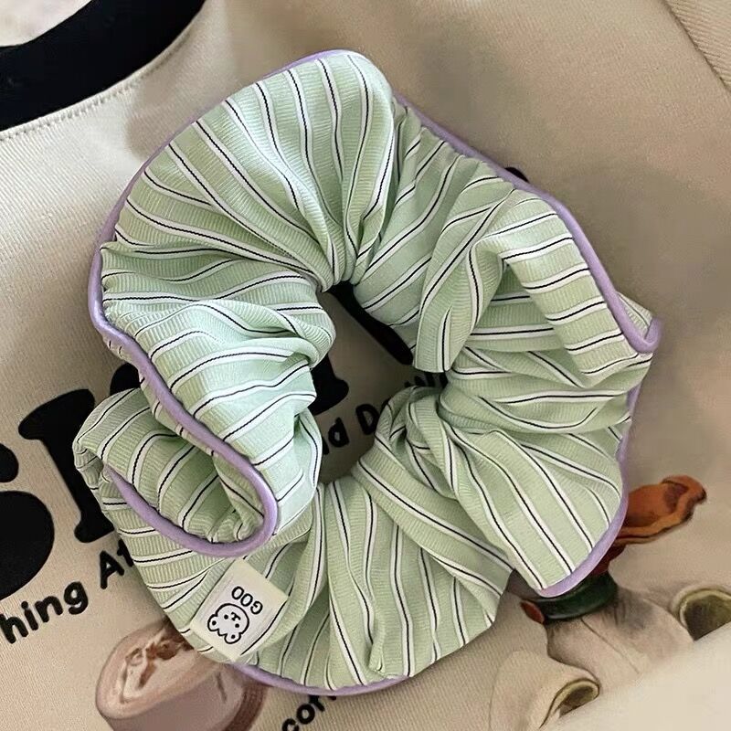 Cream Contrast-Striped Sustainable Scrunchie with Bear Design