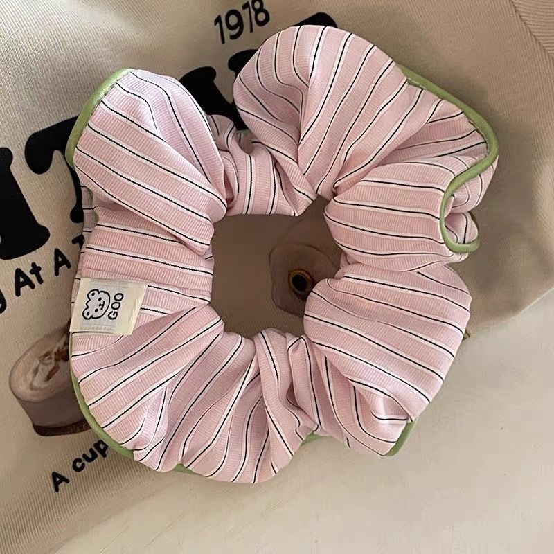 Cream Contrast-Striped Sustainable Scrunchie with Bear Design