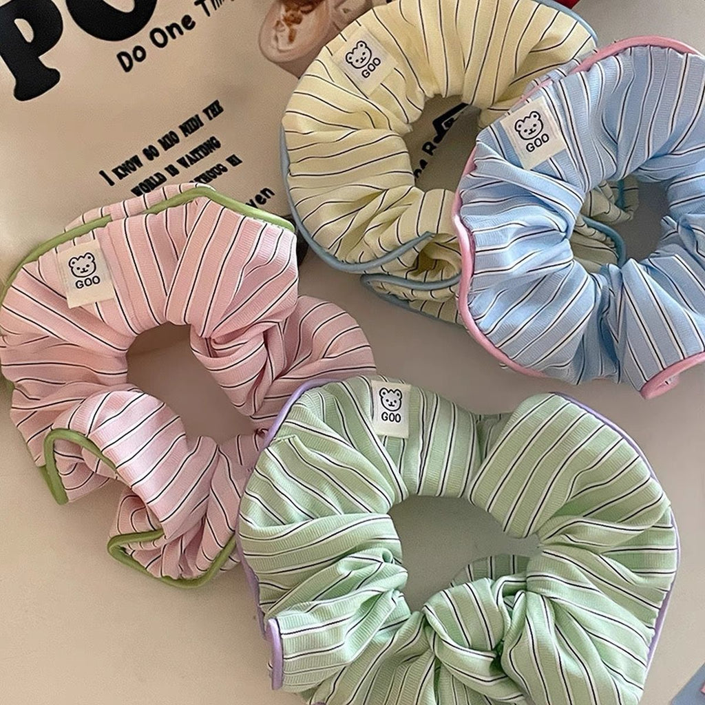 Cream Contrast-Striped Sustainable Scrunchie with Bear Design