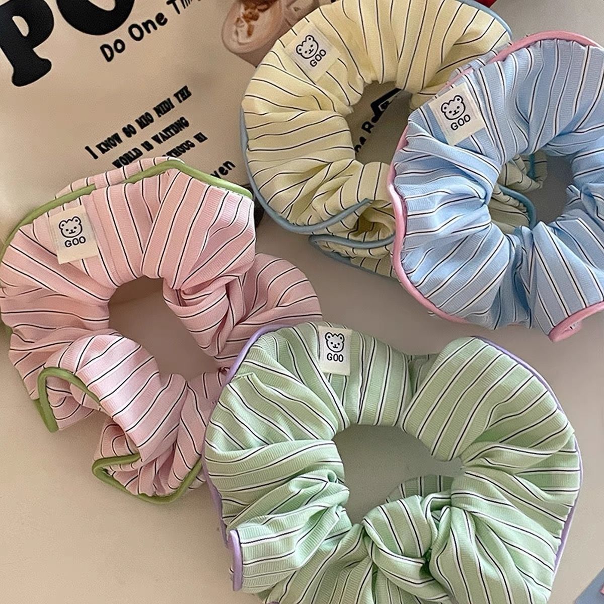 Cream Contrast-Striped Sustainable Scrunchie with Bear Design