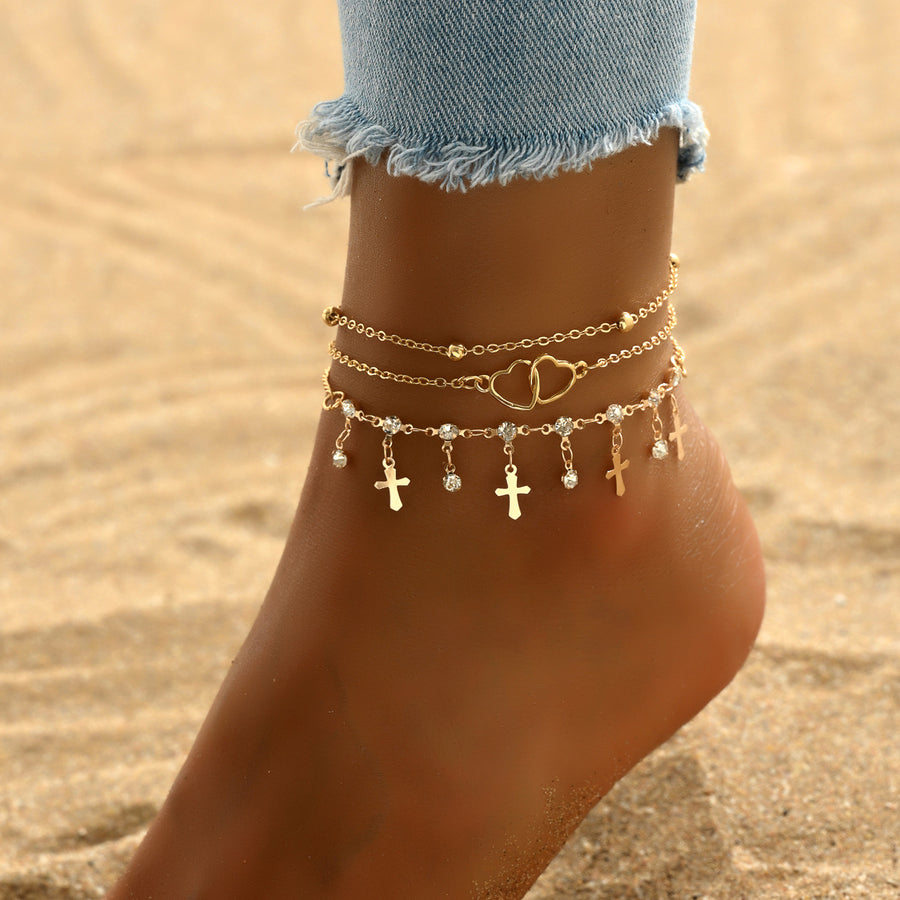 Bohemian-style Cross and Double-heart Multi-layer Anklet