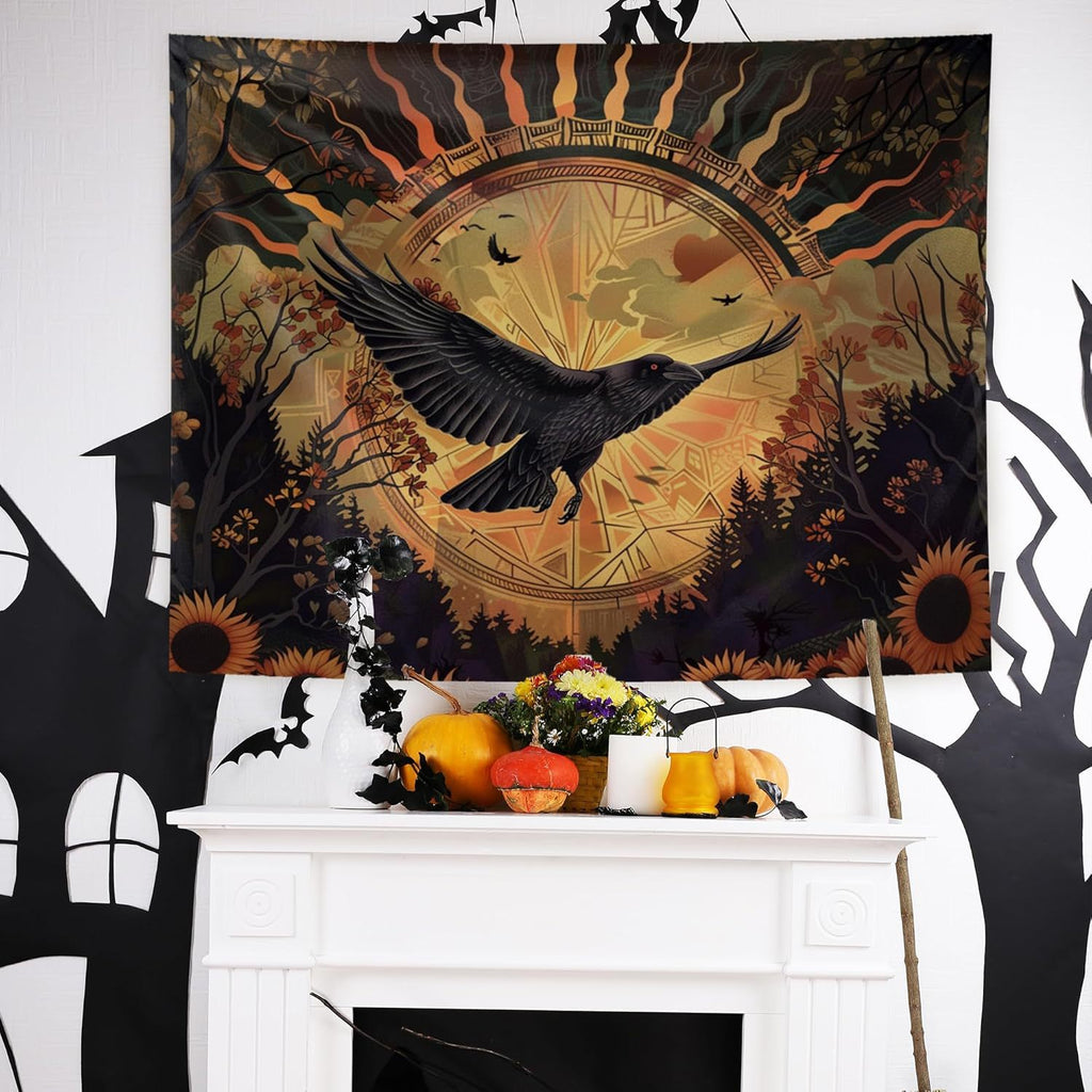 Halloween Black Raven Sunrise Sunflower Tapestry