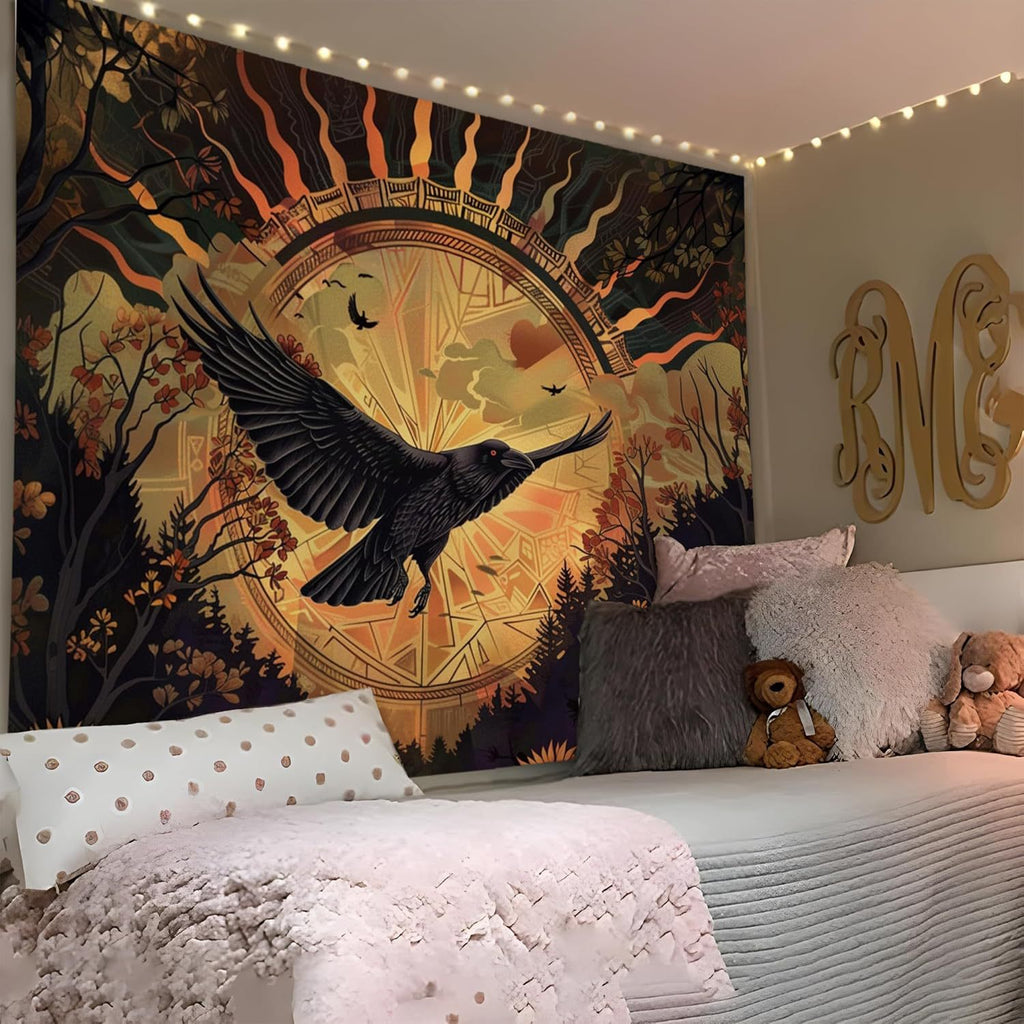 Halloween Black Raven Sunrise Sunflower Tapestry