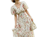 Elegant Printed Waist-Cinching Silk Dress for Women