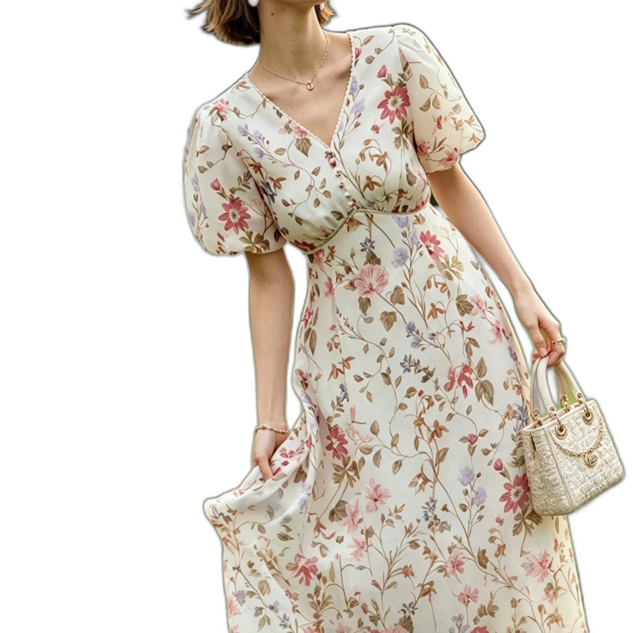 Elegant Printed Waist-Cinching Silk Dress for Women