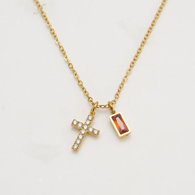 Minimalist Cross Choker Necklace with December Birthstone