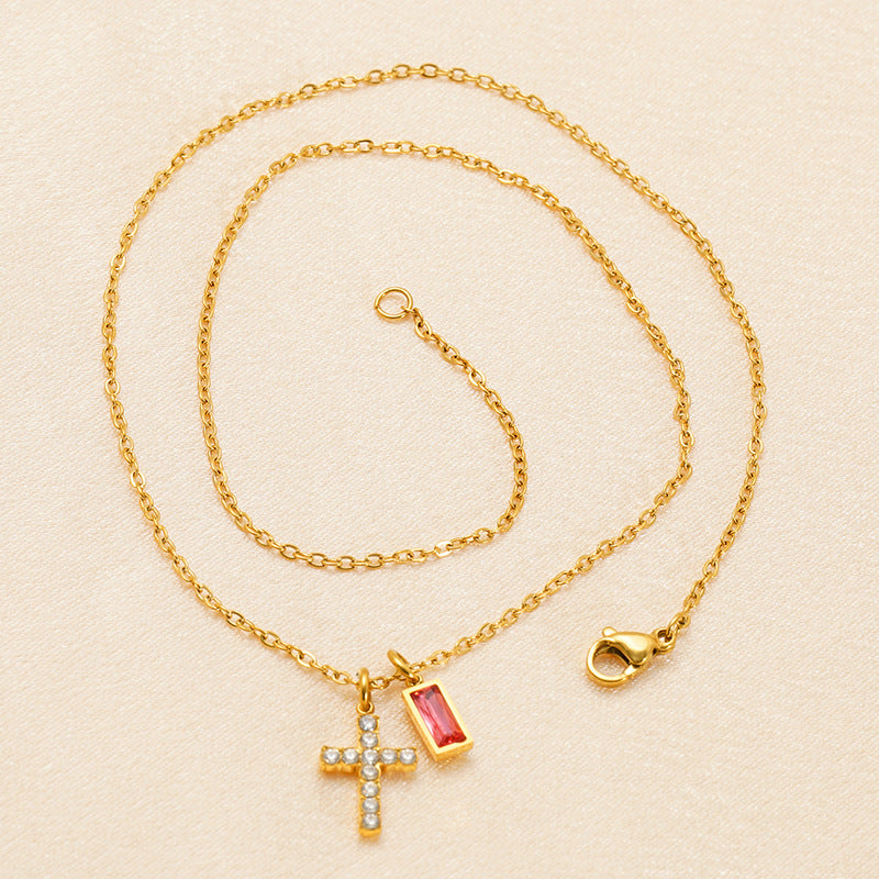 Minimalist Cross Choker Necklace with December Birthstone