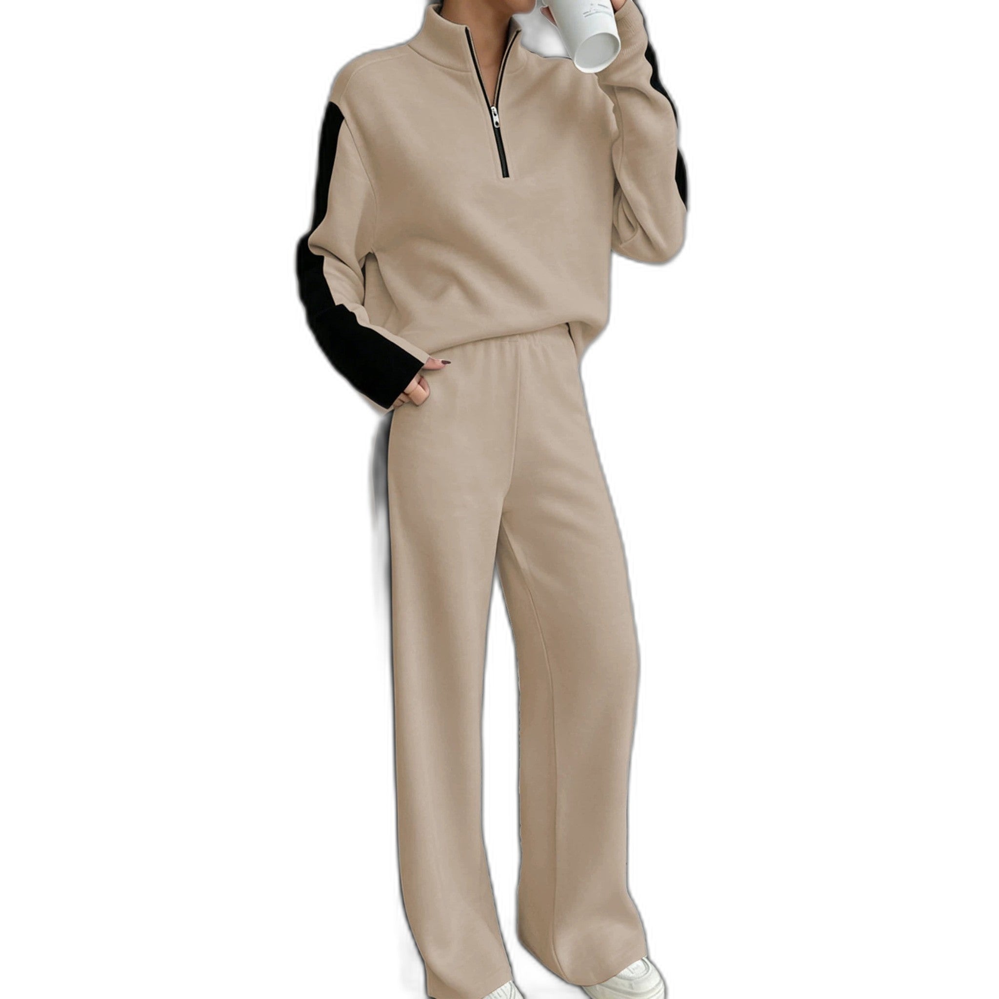 Fashionable Casual Patchwork Zip-up Hoodie & Sweatpants Set