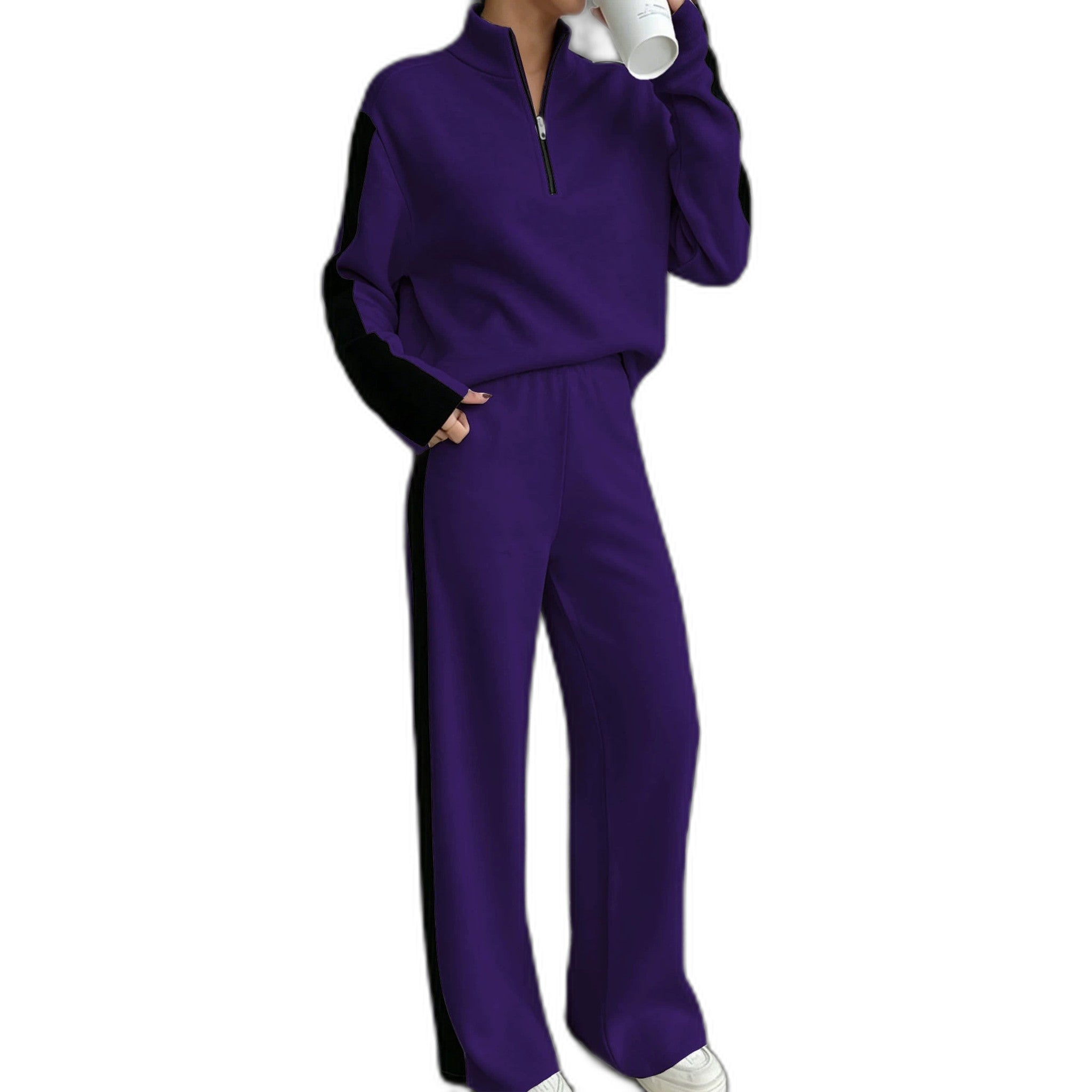 Fashionable Casual Patchwork Zip-up Hoodie & Sweatpants Set