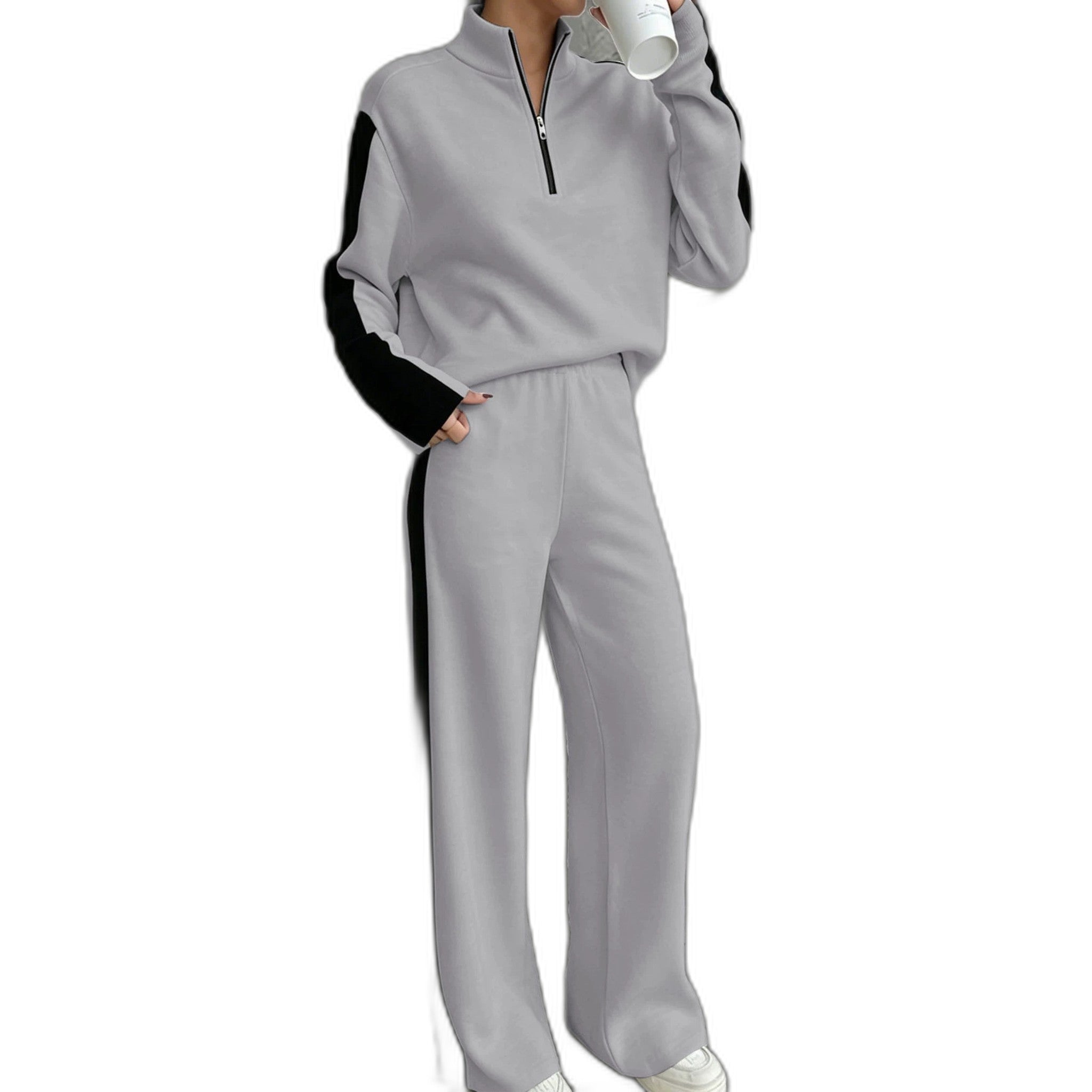 Fashionable Casual Patchwork Zip-up Hoodie & Sweatpants Set