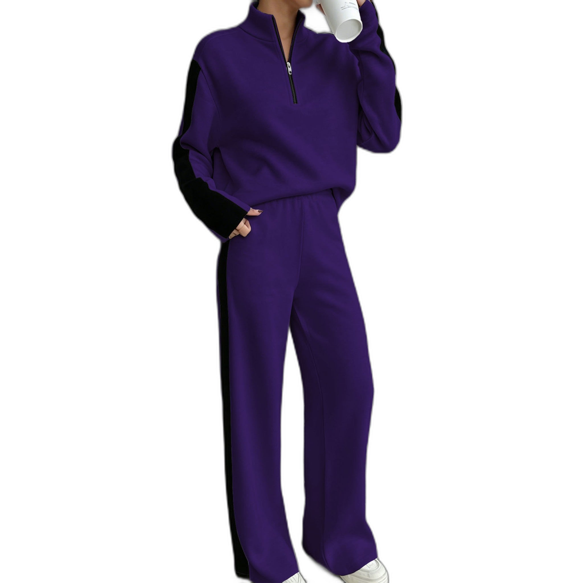 Fashionable Casual Patchwork Zip-up Hoodie & Sweatpants Set