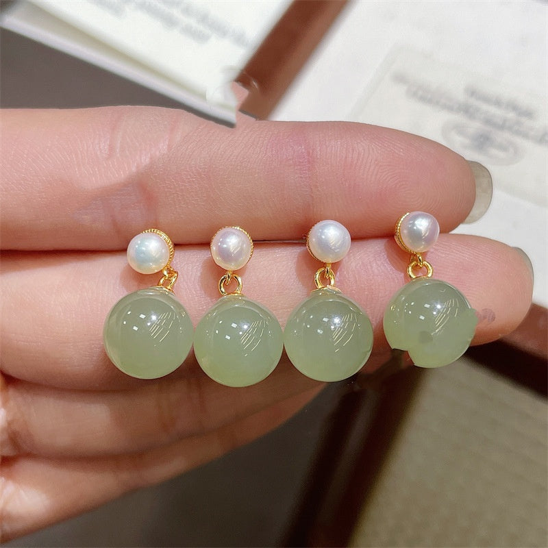 Best-selling All-silver S925 Stud Earrings with Clear Jade-like Hetian Jade