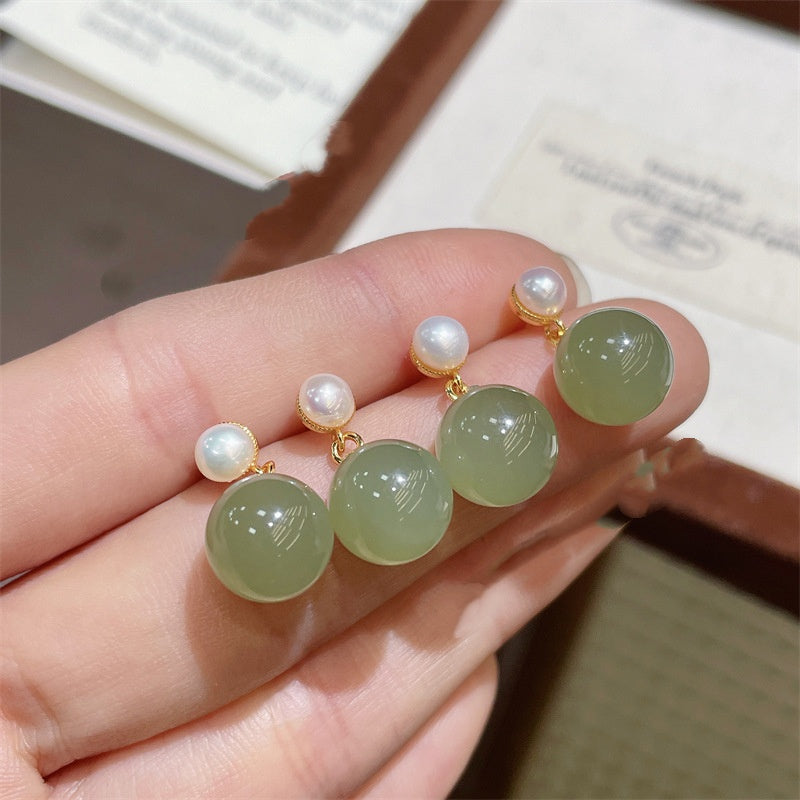 Best-selling All-silver S925 Stud Earrings with Clear Jade-like Hetian Jade