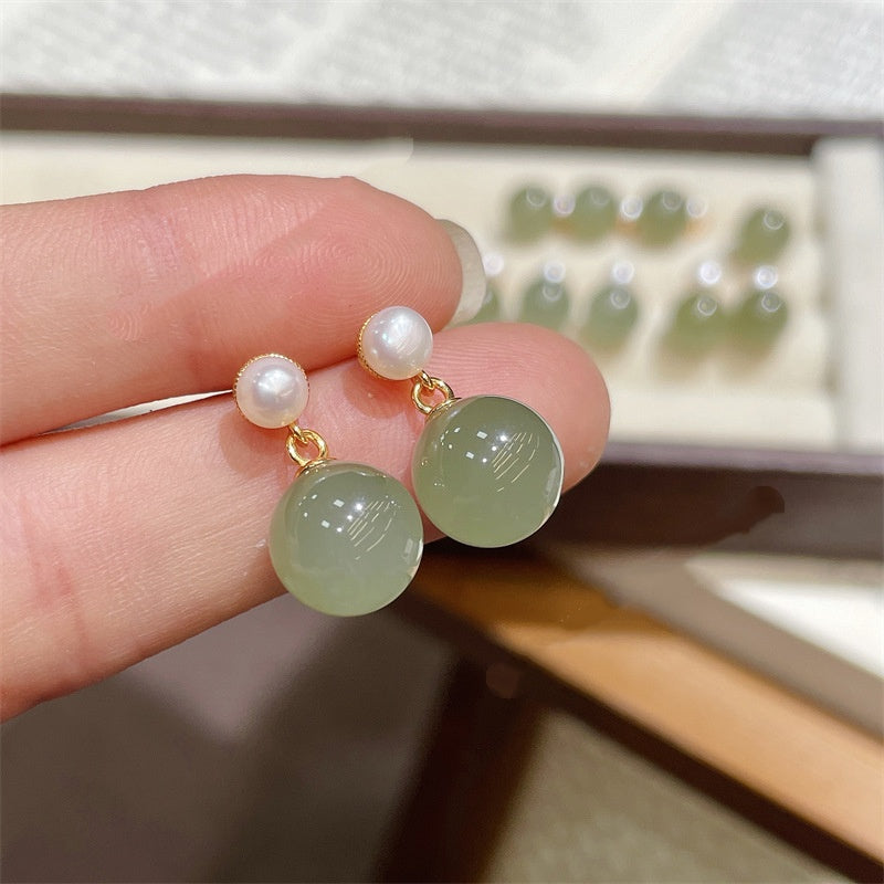 Best-selling All-silver S925 Stud Earrings with Clear Jade-like Hetian Jade