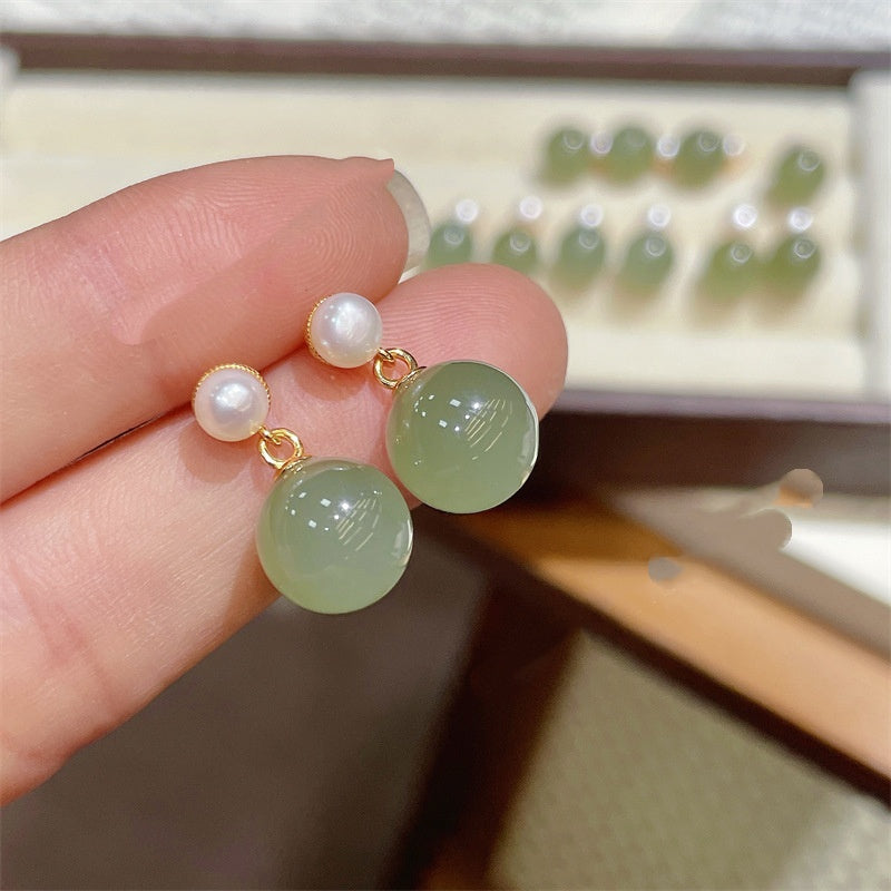 Best-selling All-silver S925 Stud Earrings with Clear Jade-like Hetian Jade
