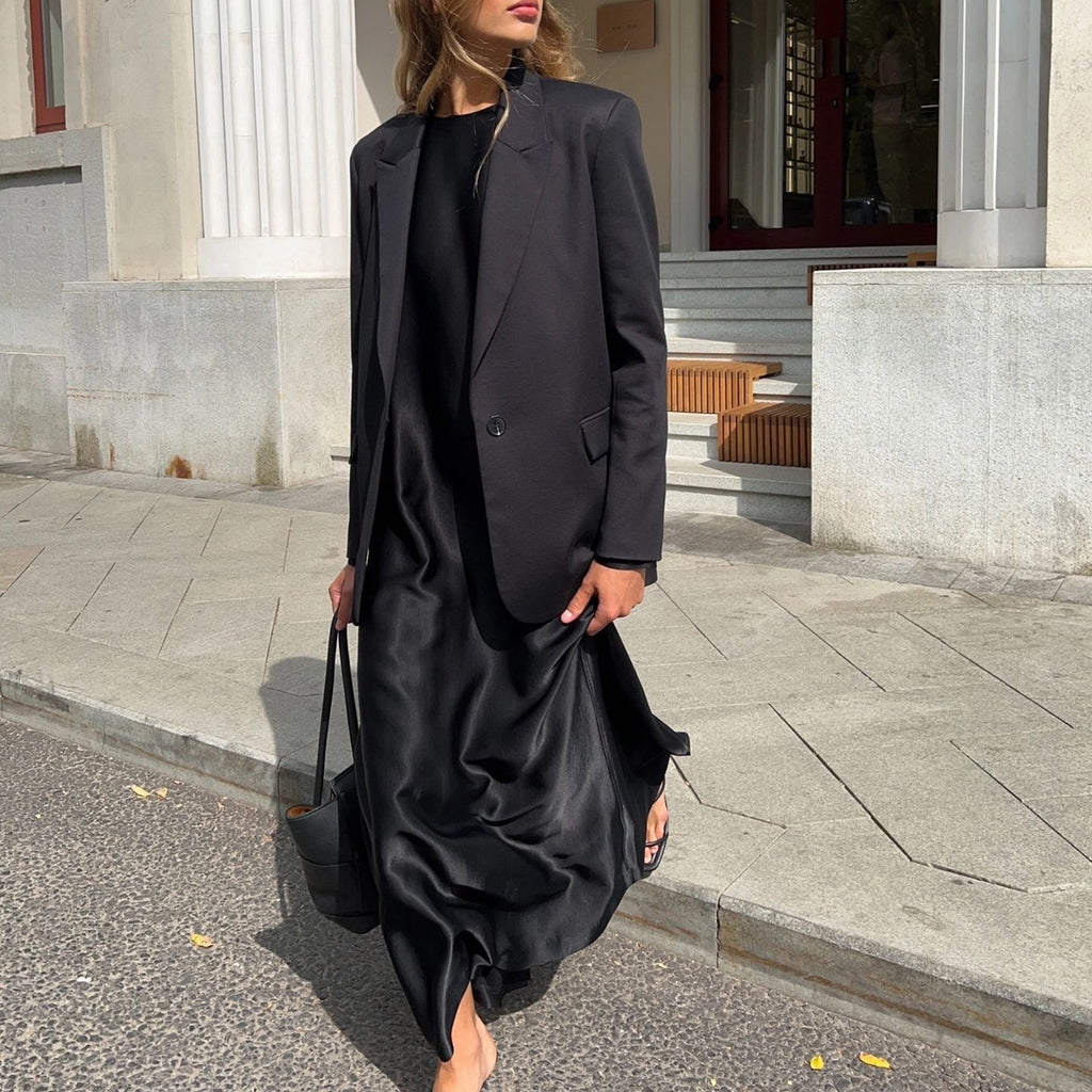 Long-sleeved Slit Satin Sheath Bottoming Maxi Dress