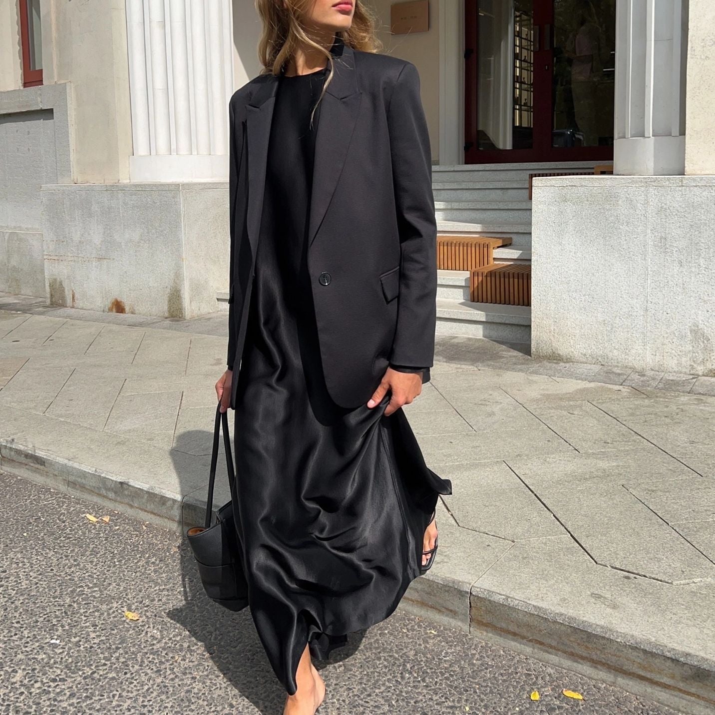 Long-sleeved Slit Satin Sheath Bottoming Maxi Dress