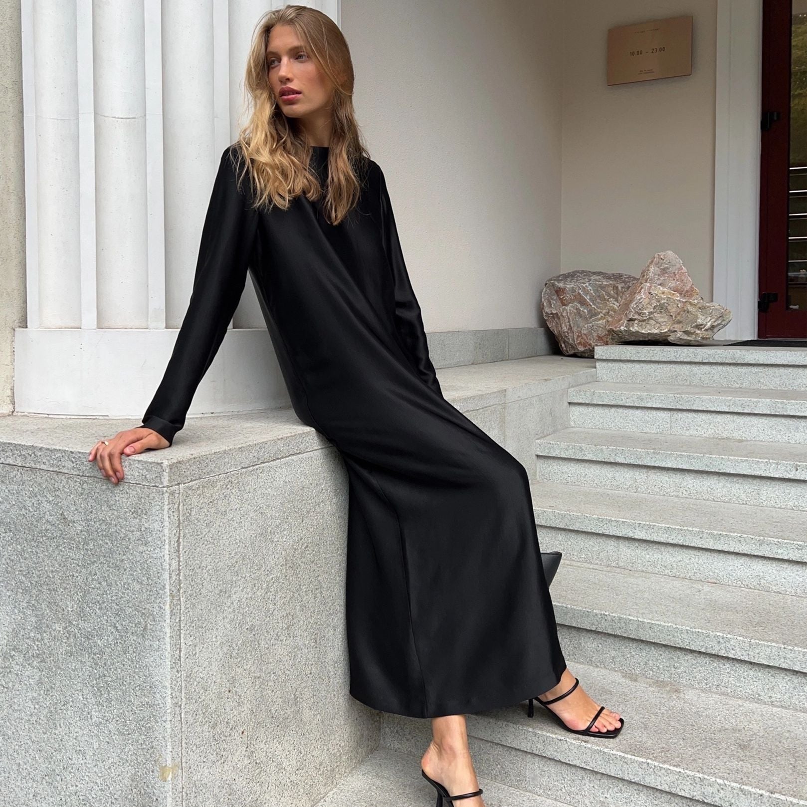 Long-sleeved Slit Satin Sheath Bottoming Maxi Dress