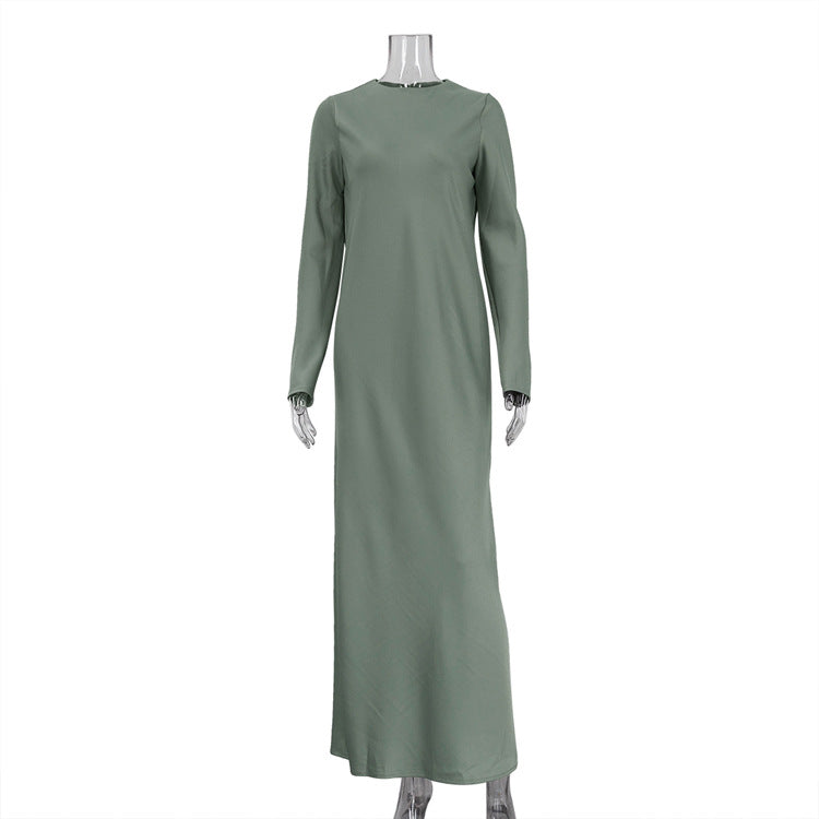 Long-sleeved Slit Satin Sheath Bottoming Maxi Dress
