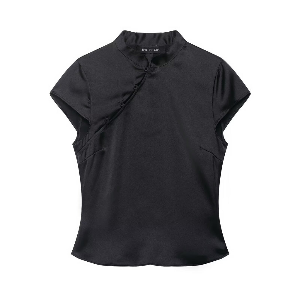 Chinese-style Summer Satin Top with Mandarin Collar