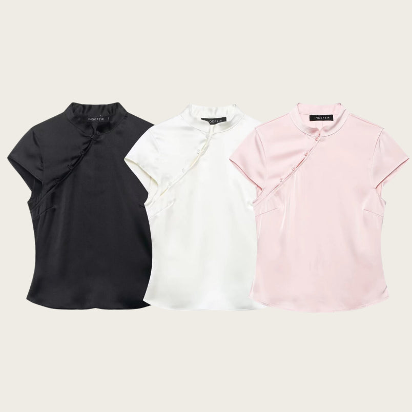 Chinese-style Summer Satin Top with Mandarin Collar