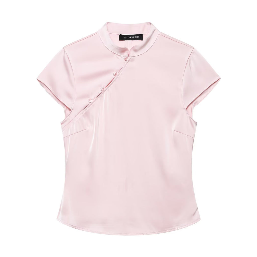 Chinese-style Summer Satin Top with Mandarin Collar