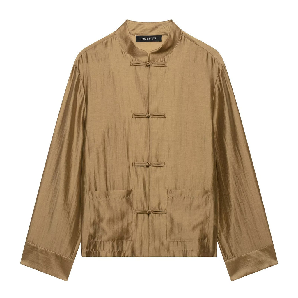 Womens Mandarin-Collar Long-Sleeve Satin Shirt with Bow-Tie