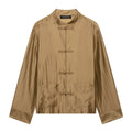 Womens Mandarin-Collar Long-Sleeve Satin Shirt with Bow-Tie