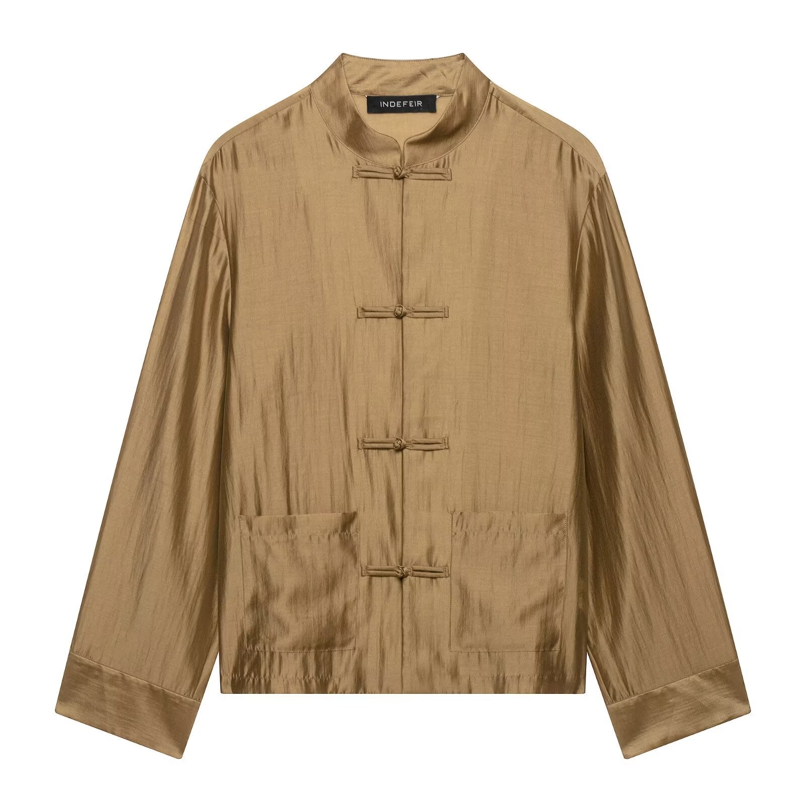 Womens Mandarin-Collar Long-Sleeve Satin Shirt with Bow-Tie