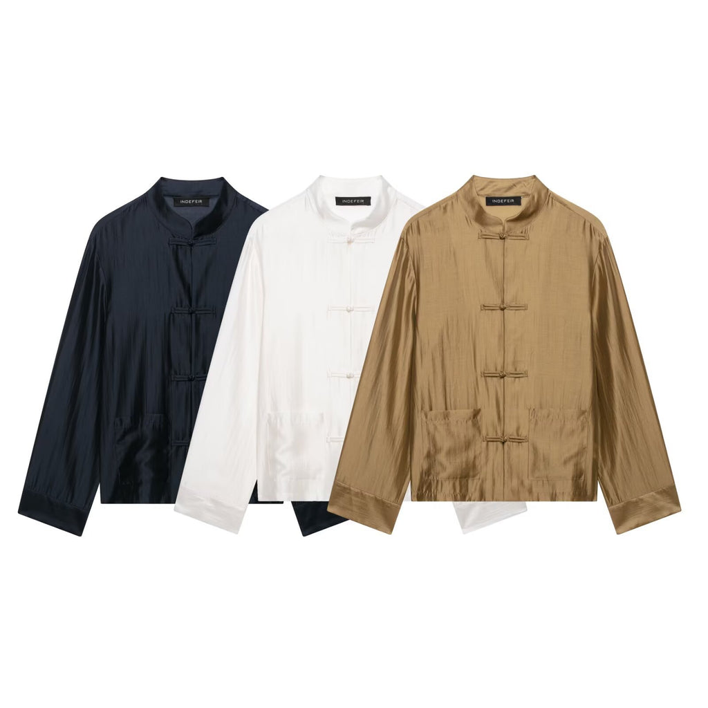 Womens Mandarin-Collar Long-Sleeve Satin Shirt with Bow-Tie