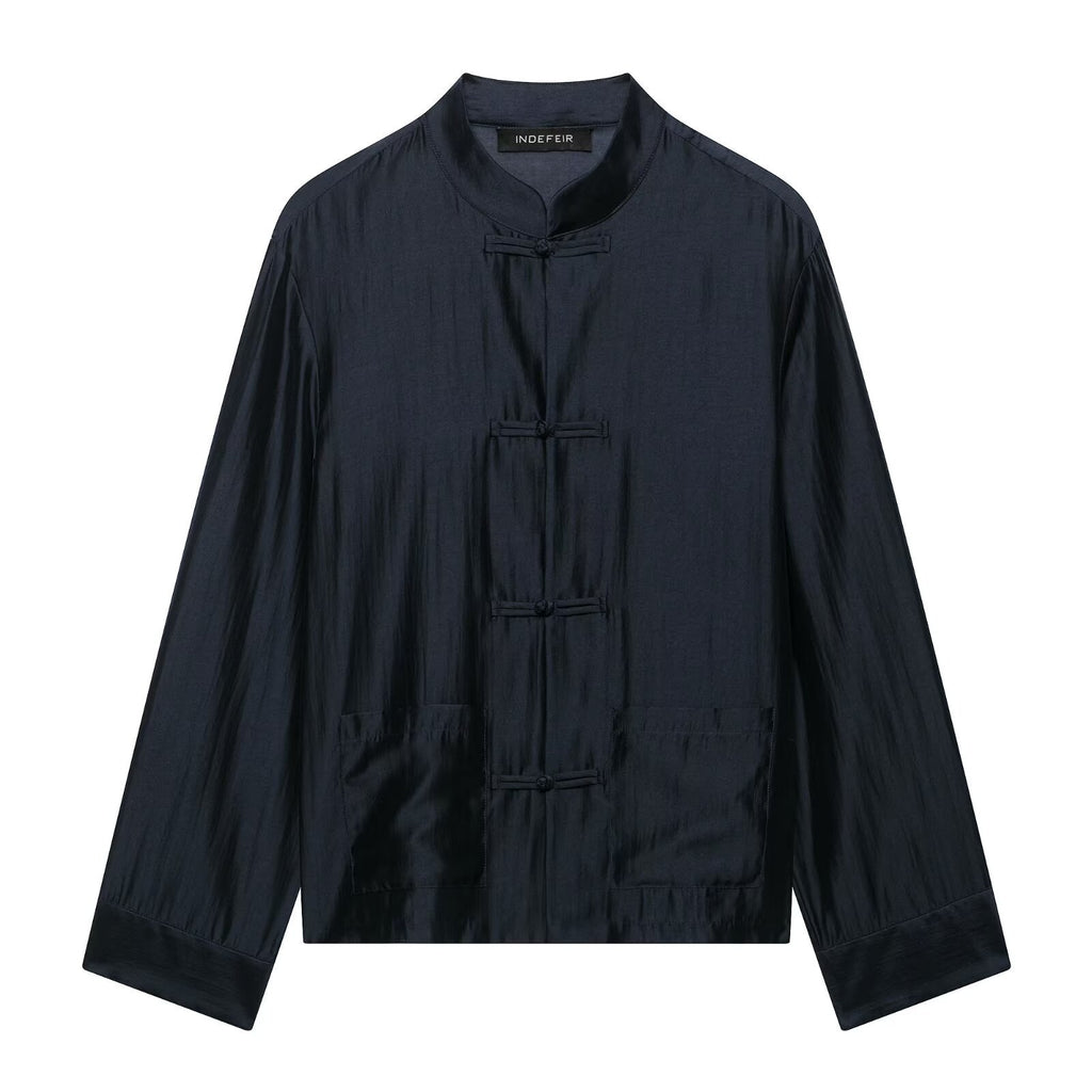 Womens Mandarin-Collar Long-Sleeve Satin Shirt with Bow-Tie