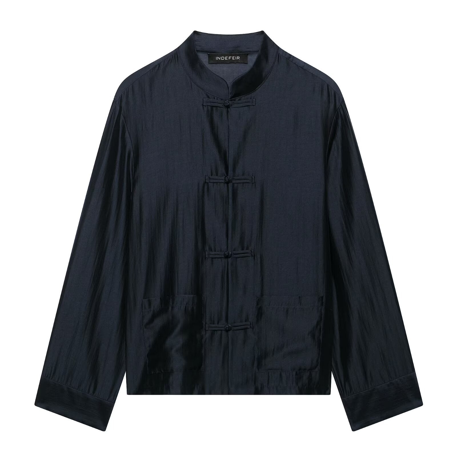 Womens Mandarin-Collar Long-Sleeve Satin Shirt with Bow-Tie