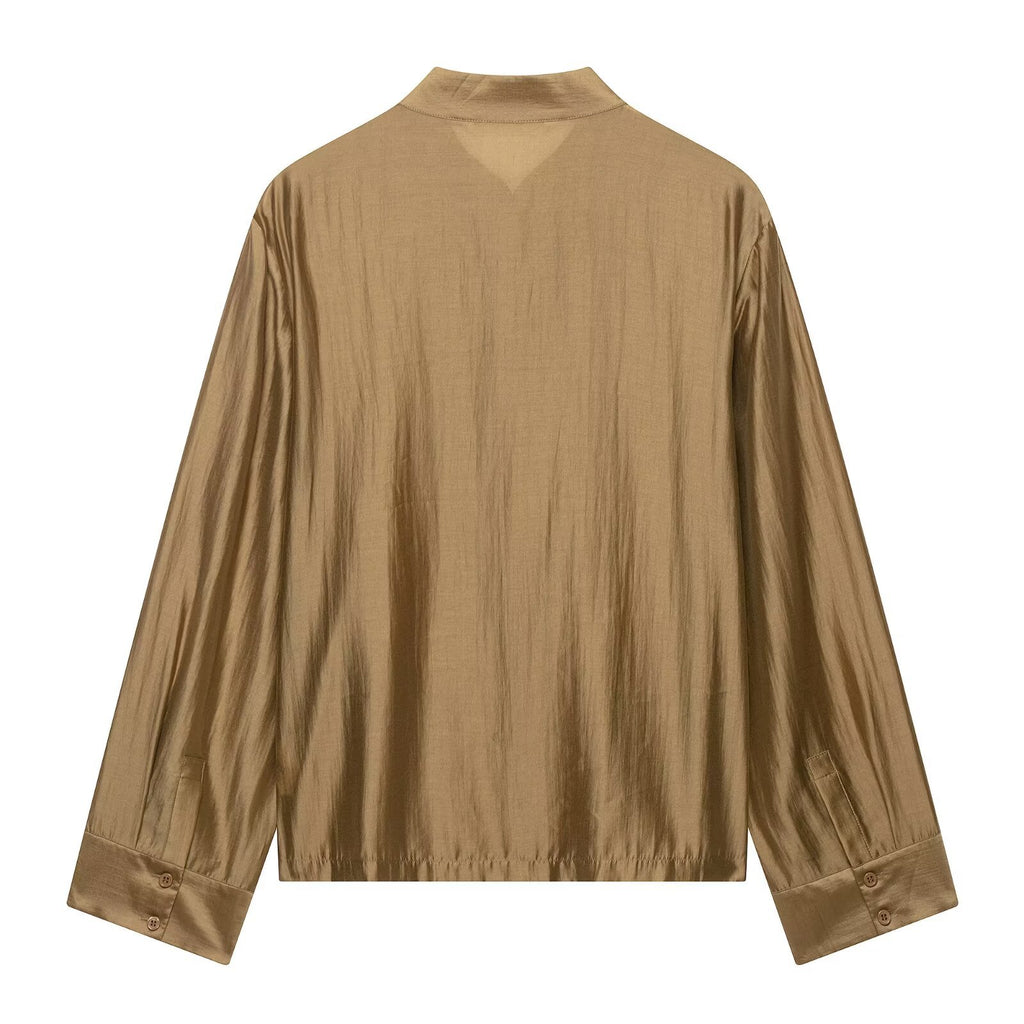 Womens Mandarin-Collar Long-Sleeve Satin Shirt with Bow-Tie