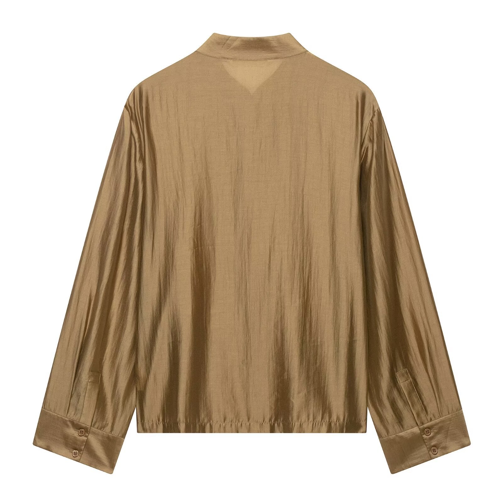 Womens Mandarin-Collar Long-Sleeve Satin Shirt with Bow-Tie
