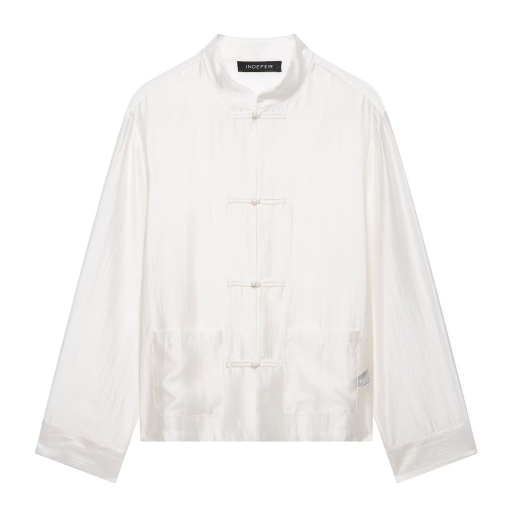 Womens Mandarin-Collar Long-Sleeve Satin Shirt with Bow-Tie