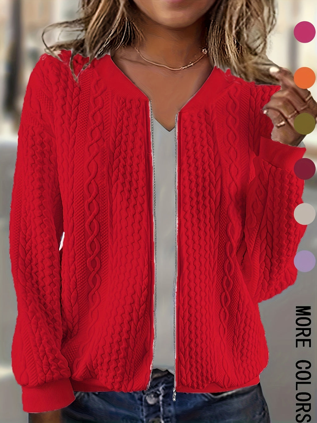 Womens Plus-size Zip-up Cable-knit Long-sleeve Jacket